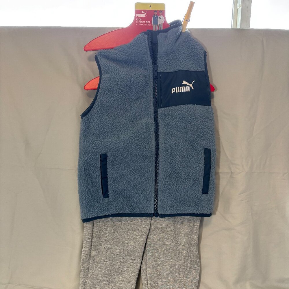 🆕 Puma kids 3 piece set with vest, grey & blue, size 5 - NWT